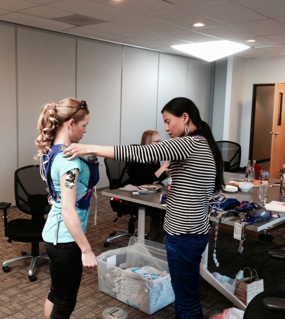 Michelle gives her feedback on the fit and function of the vesta to Jenny Jurek