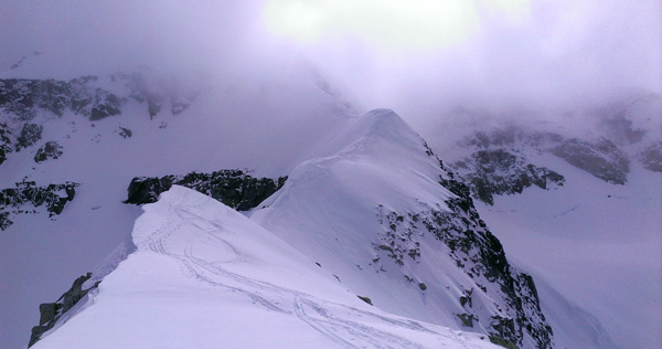 Skiing down the exposed ridge wasn’t super fun due to tricky flat light.