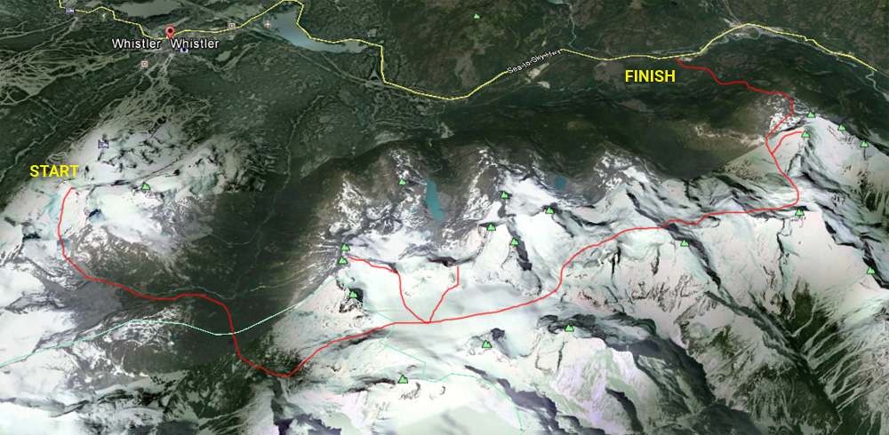 Here’s a rough map of our trip, the Blackcomb to Currie traverse. We covered about 60km and 4000m including the side trips. Feel free to contact me if you would like to do a ski traverse in Canada and need some help with choosing the right one for your abilities.