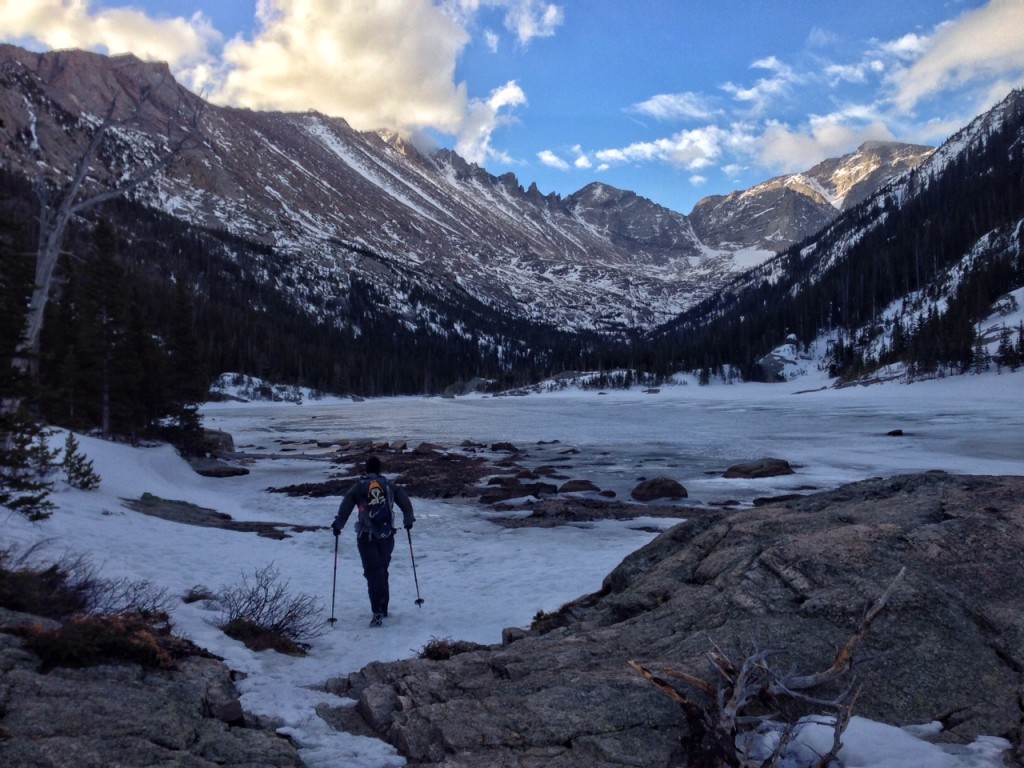 Peter Bakwin at Mills Lake in Glacier Gorge, 4/9/2016. Photo by Kendrick Callaway.