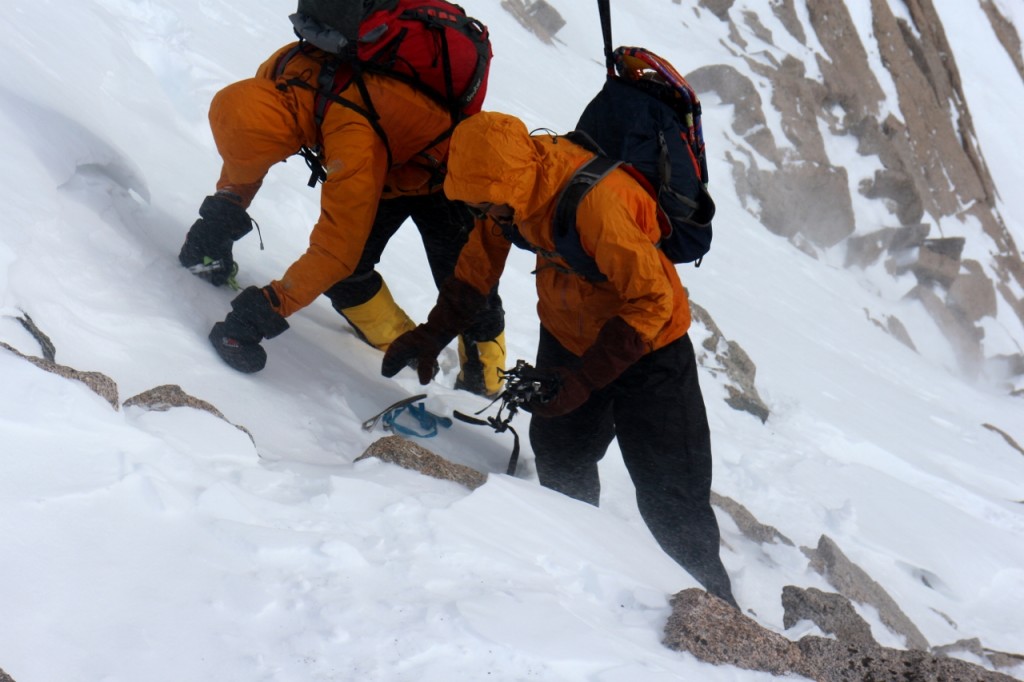 Bill Wright & Peter Bakwin struggling against wind and cold near the summit on 12/6/2015. Photo by Charlie Nuttelman.
