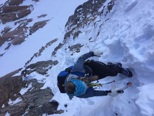 Tina Lewis ascending the Loft Route, 1/6/2016. Photo by Peter Bakwin.