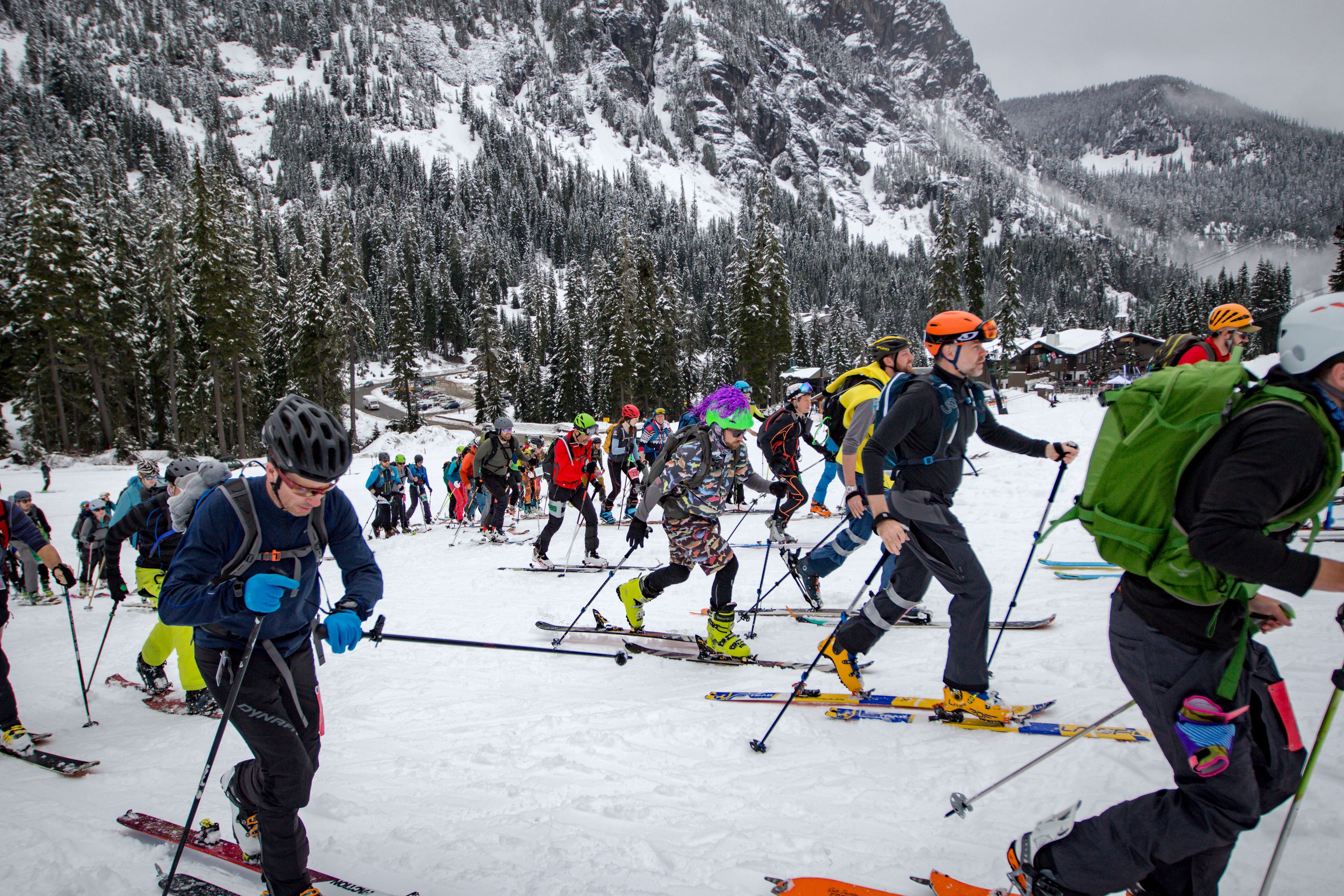Racers at Snow Goat Skimo skin up the first climb